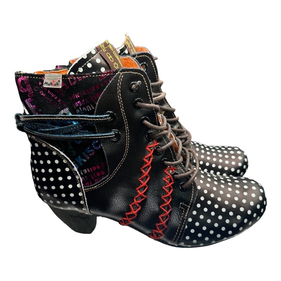 TMA EYES Shoes - TMA EYES Polka Dot Leather Women Boots with Hand Stitching 9.5